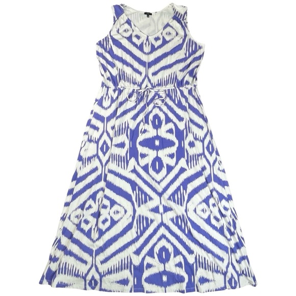 Talbots Ikat Maxi Dress Blue White Beachy Resort Long drawstring tie waist 2X - Picture 1 of 10
